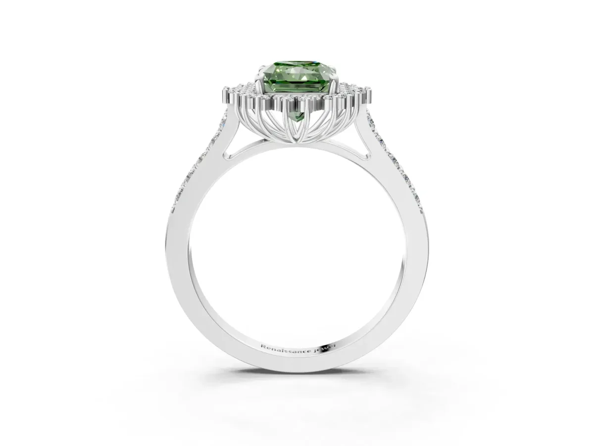 Fancy Green Radiant Cut Cut Diamond Sunburst Halo Engagement Ring with Pavé Band Platinum