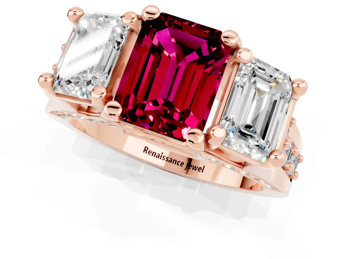 Emerald Cut Garnet Three-Stone Ring with Channel Set Band and Four-Prong Setting Rose gold