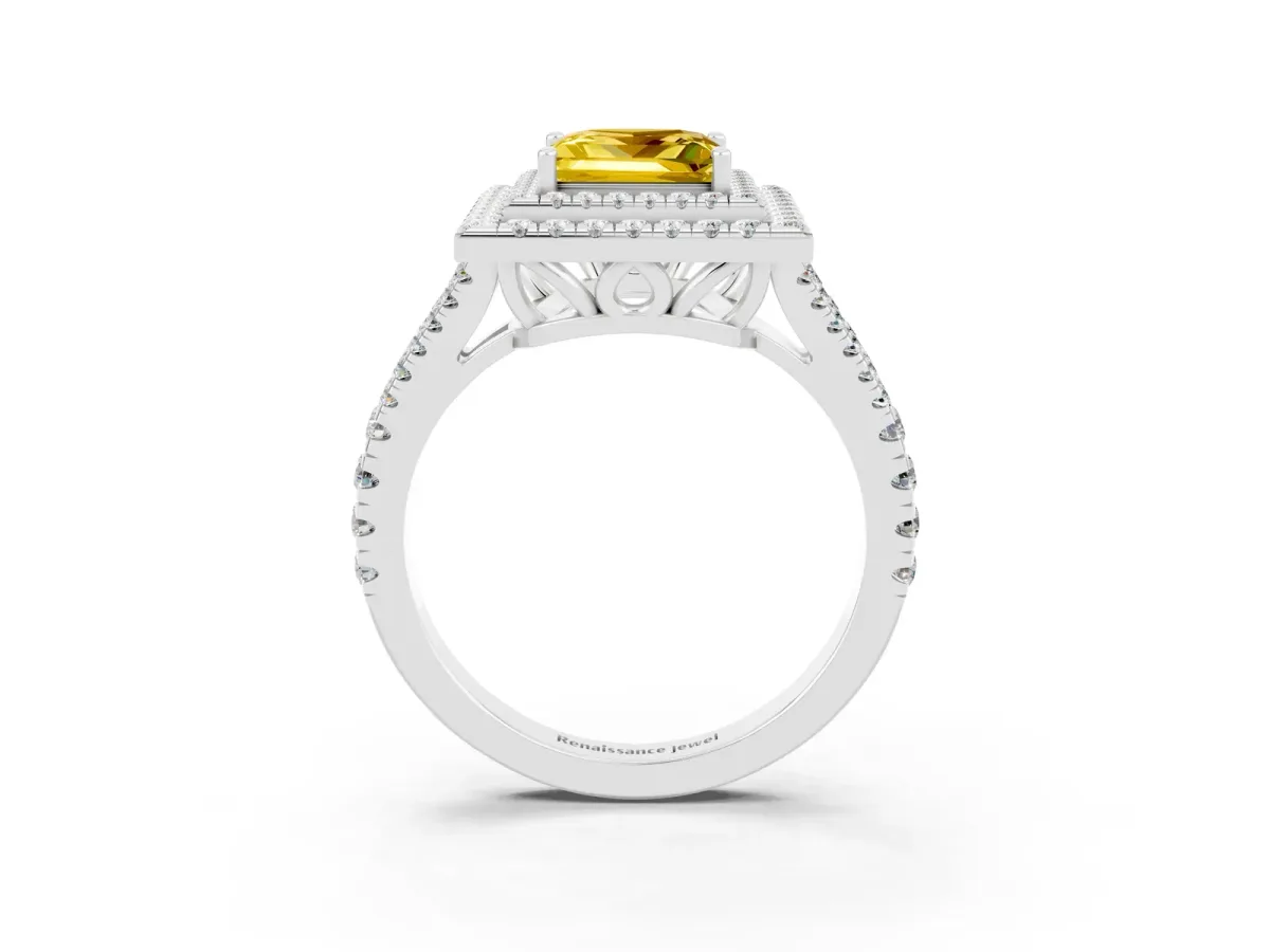 Princess Cut Yellow Sapphire Double Halo Ring with Pavé Band and Prong Setting White gold