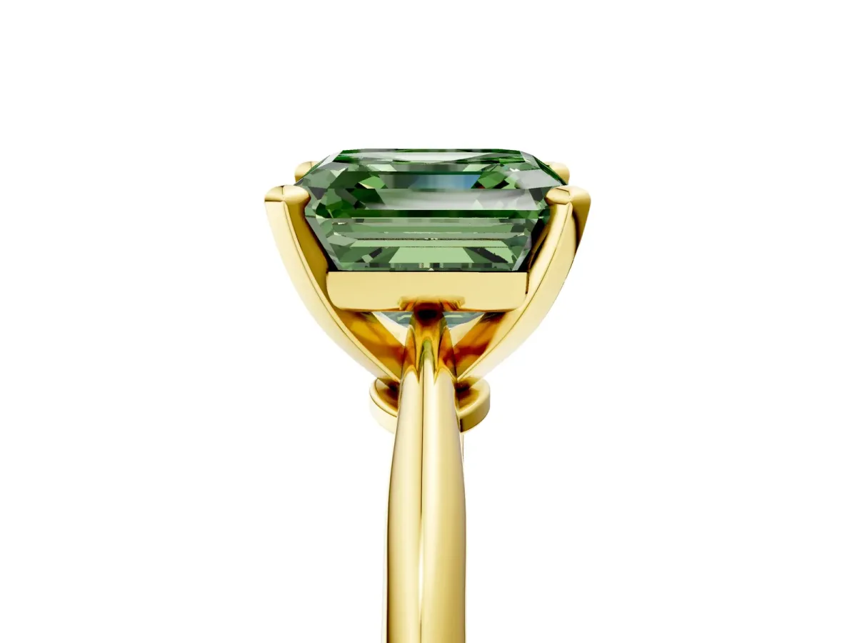 Fancy Green Asscher Cut Diamond Solitaire Engagement Ring with Classic Band and Four-Prong Setting Yellow gold