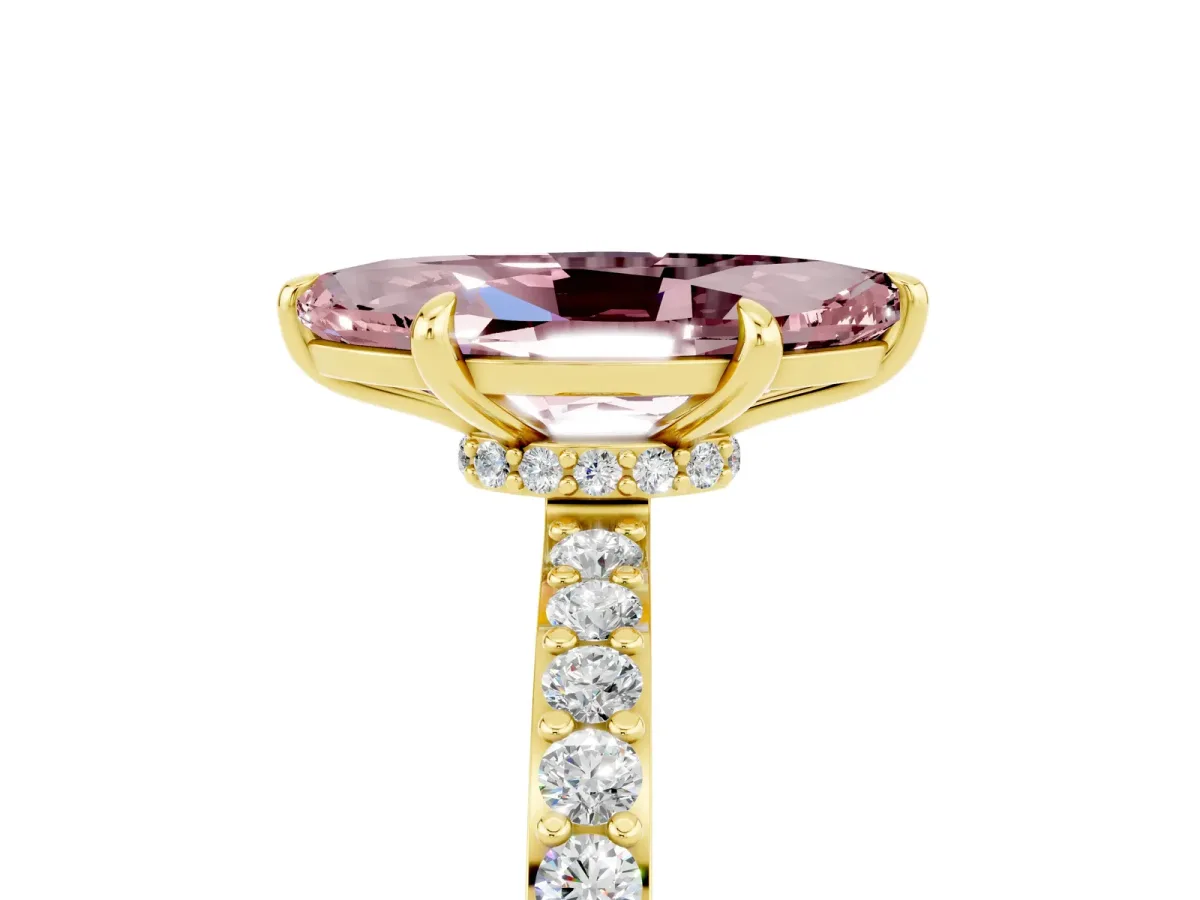 Marquise Cut Morganite Solitaire Engagement Ring with Pavé Band and Four-Prong Setting Yellow gold
