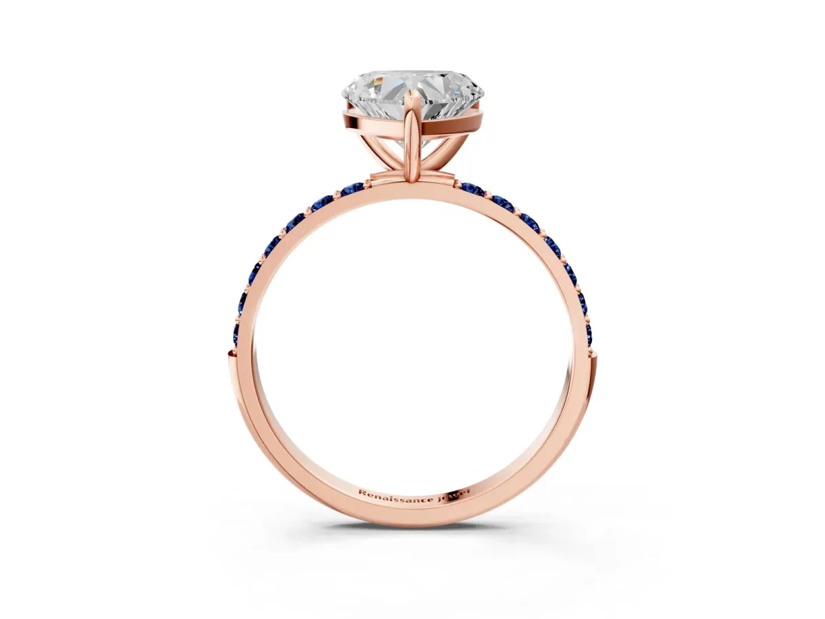 Heart Cut Diamond Solitaire Ring with Round Blue Sapphire Pavé Band and Prong Setting Rose gold