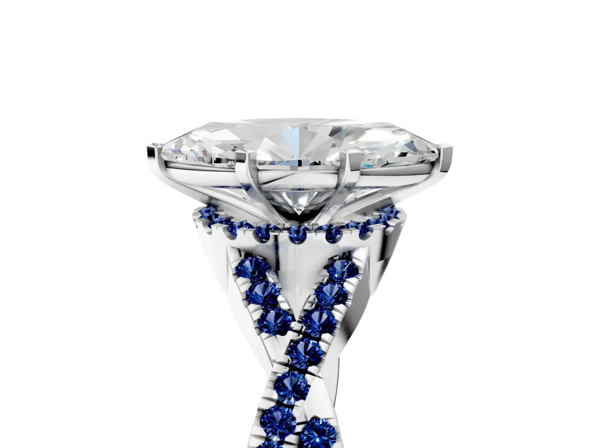 Marquise Cut Diamond Blue Sapphire Halo Twist Band Solitaire Prong Setting Ring White gold
