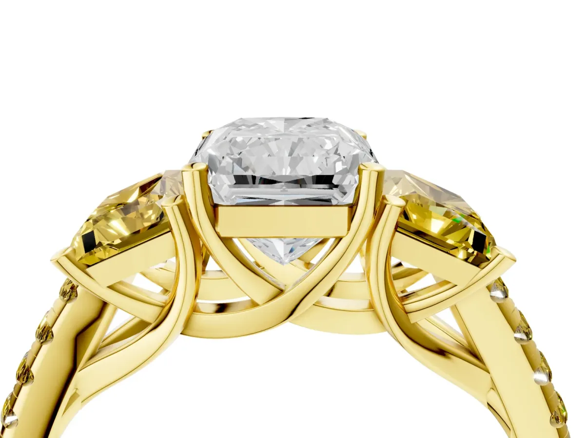 Three-Stone Radiant Cut Diamond Ring with Round Yellow Sapphire Pavé Band and Prong Setting Yellow gold