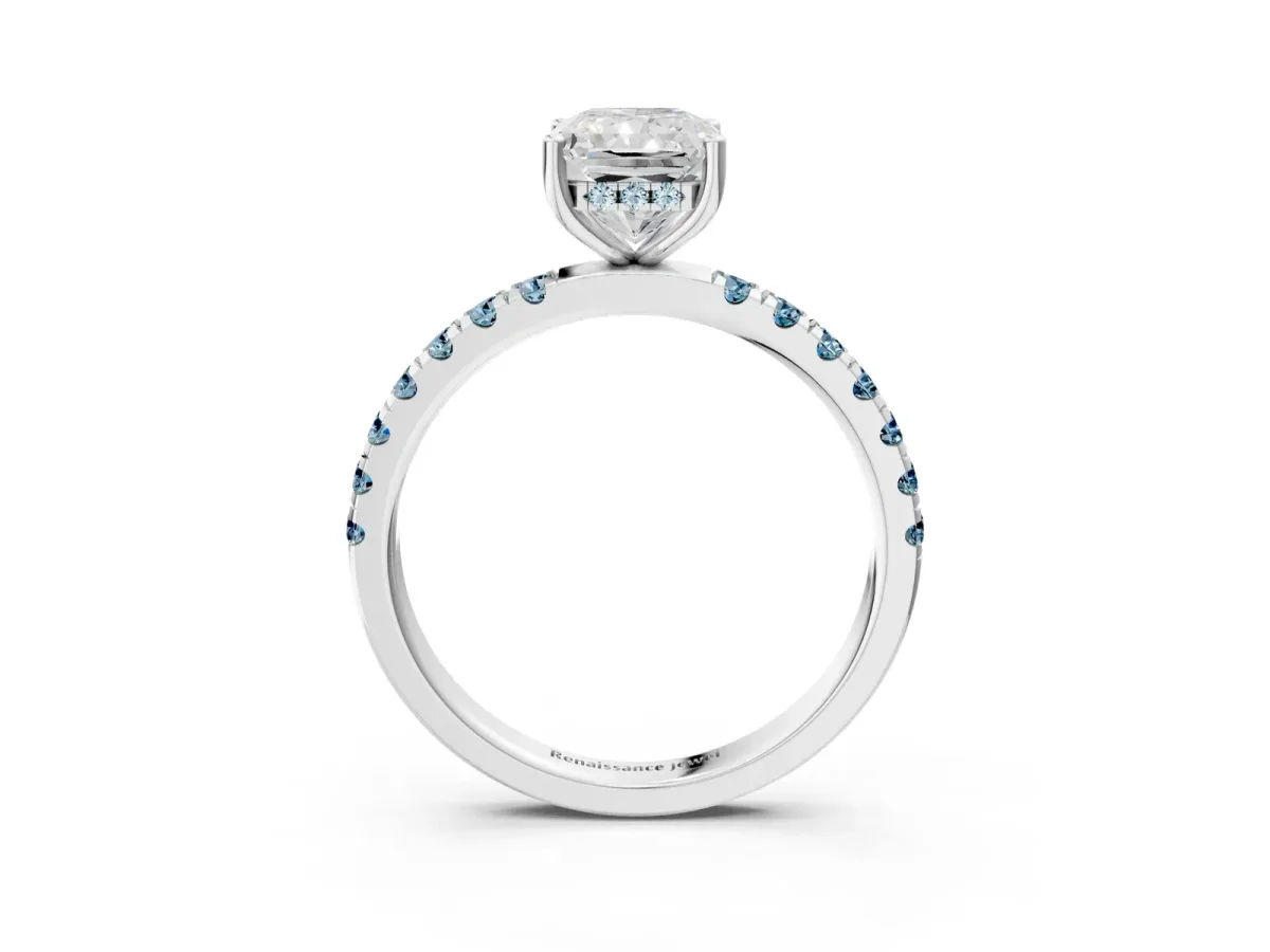 Radiant Cut Diamond Pave Band Solitaire Ring with Round Aquamarine and Prong Setting White gold