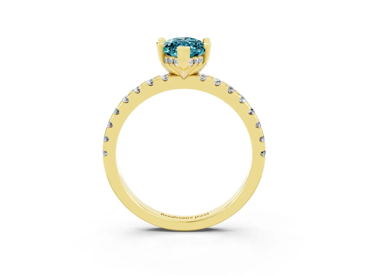 Marquise Cut Blue Topaz Solitaire Ring with Round Pavé Band and Four-Prong Setting Yellow gold