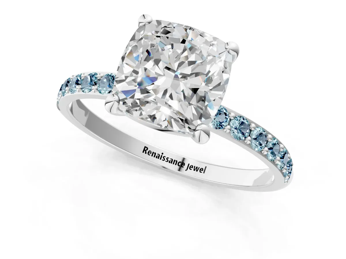 Cushion Cut Diamond Solitaire Ring with Round Aquamarine Pavé Band and Prong Setting White gold
