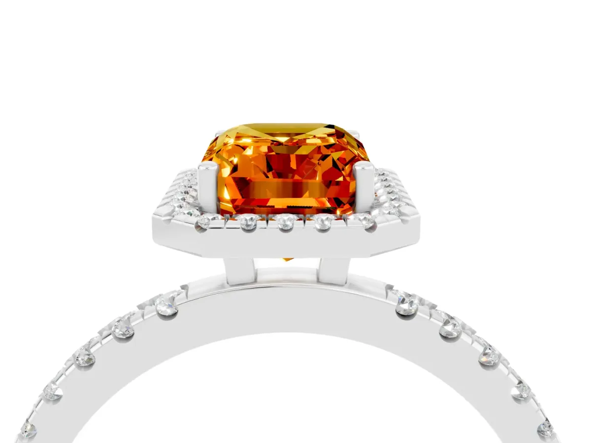 Emerald Cut Citrine Classic Halo Engagement Ring with Round Pavé Band and Prong Setting White gold