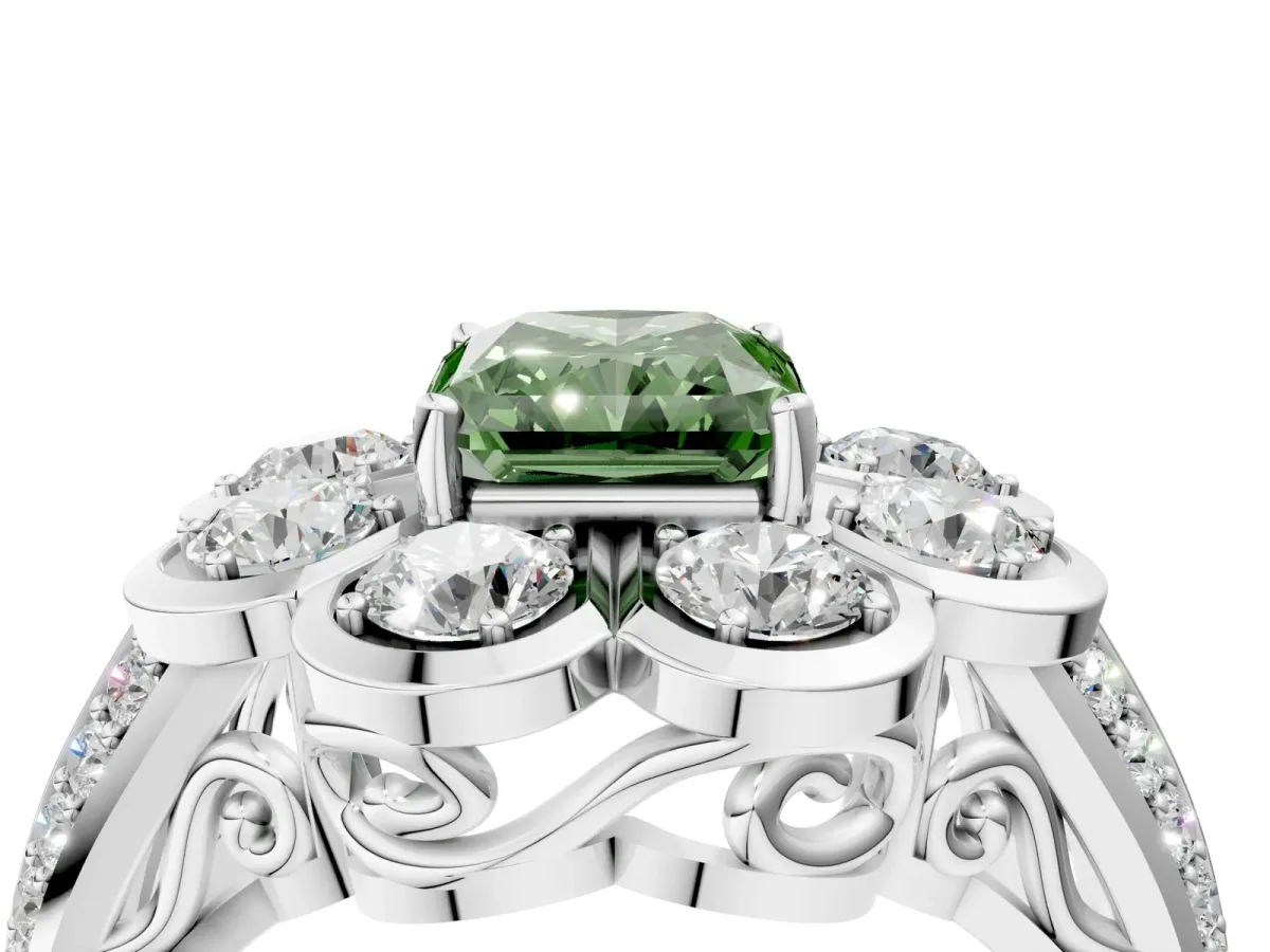 Fancy Green Radiant Cut Brilliant Flower Halo Diamond Split Shank Ring Platinum