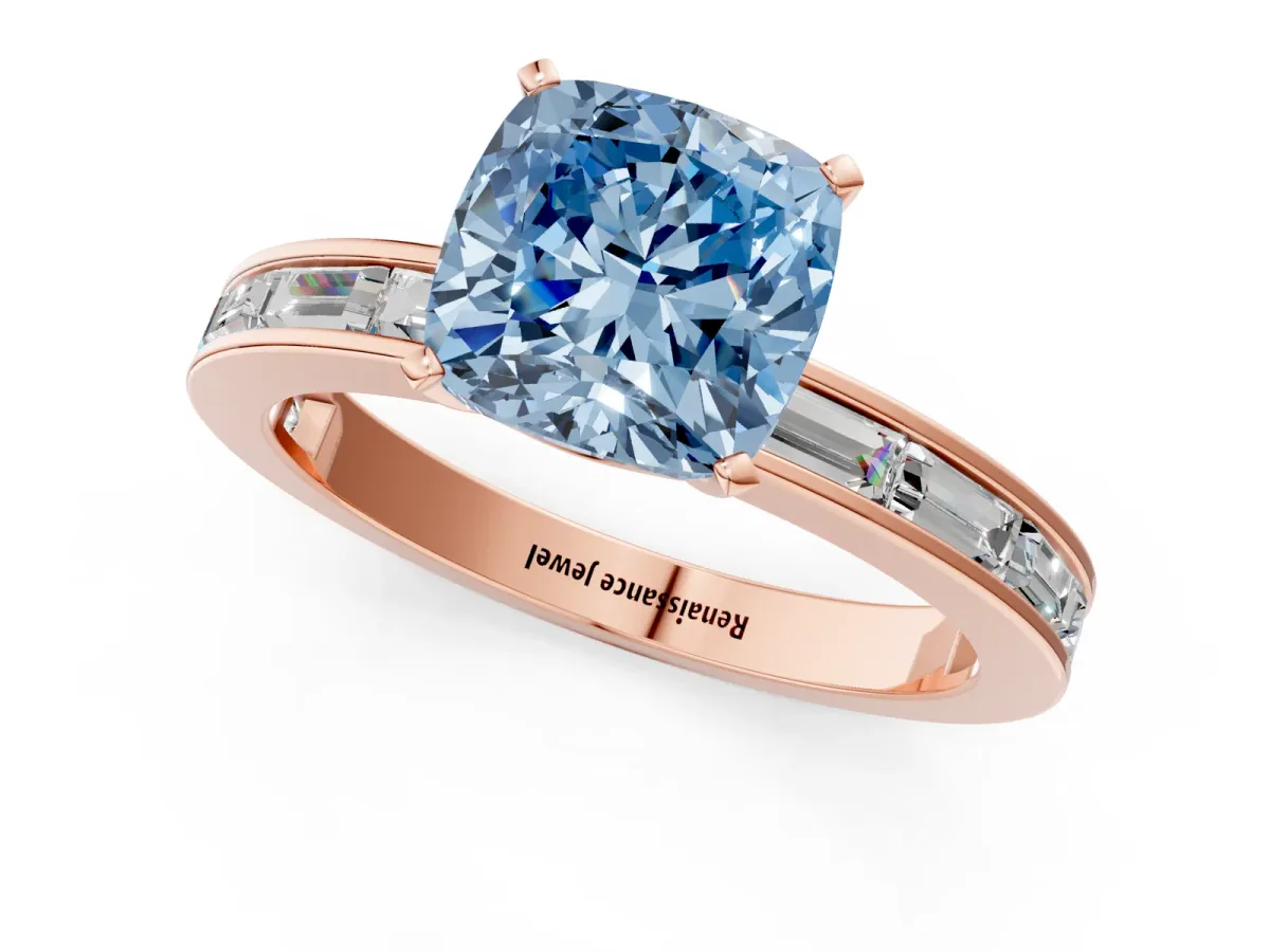 Fancy Blue Cushion Cut Solitaire Diamond Ring with Channel-Set Baguette Band and Four-Prong Setting Rose gold