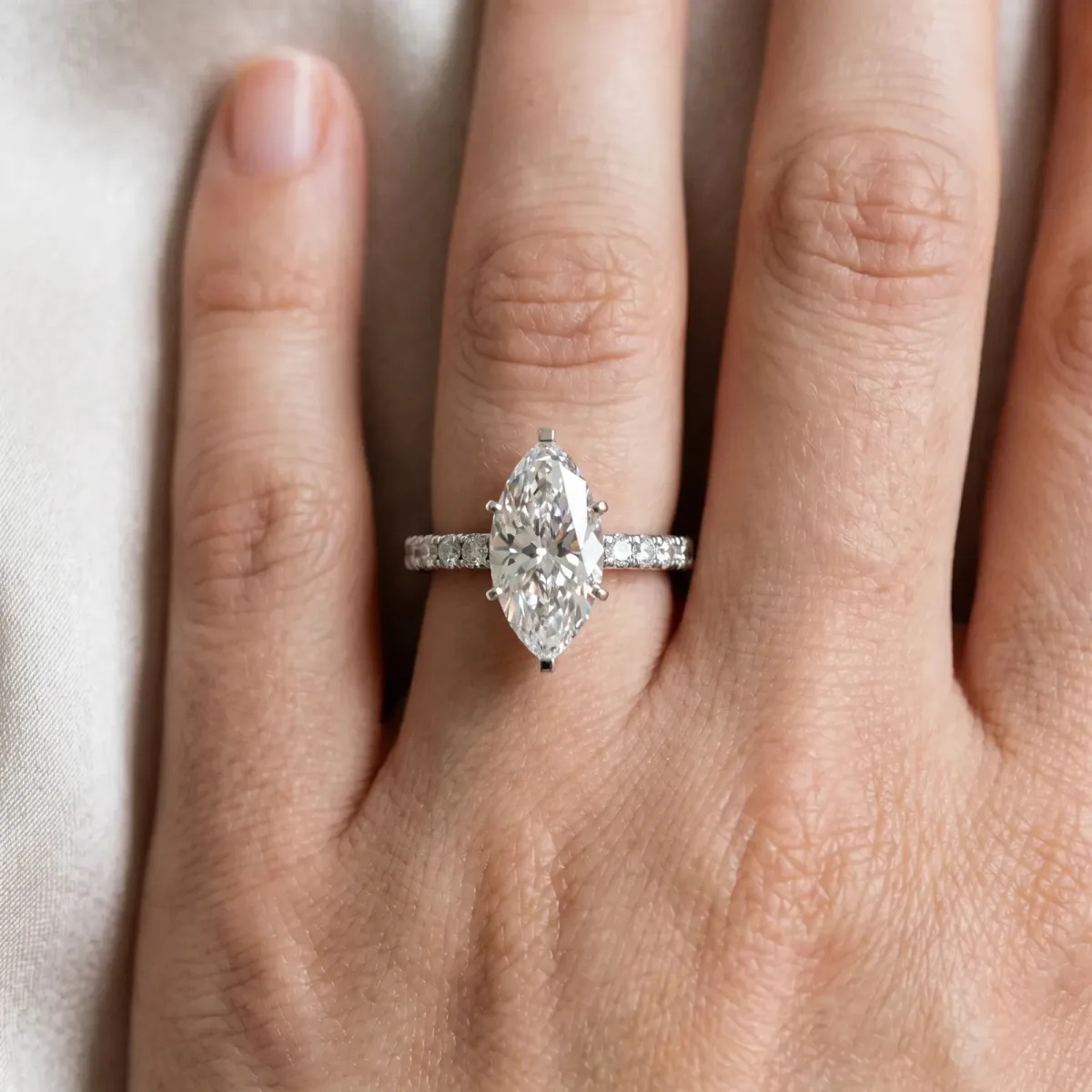 Marquise Cut Diamond Pavé Solitaire Ring with Round Band and Prong Setting Silver
