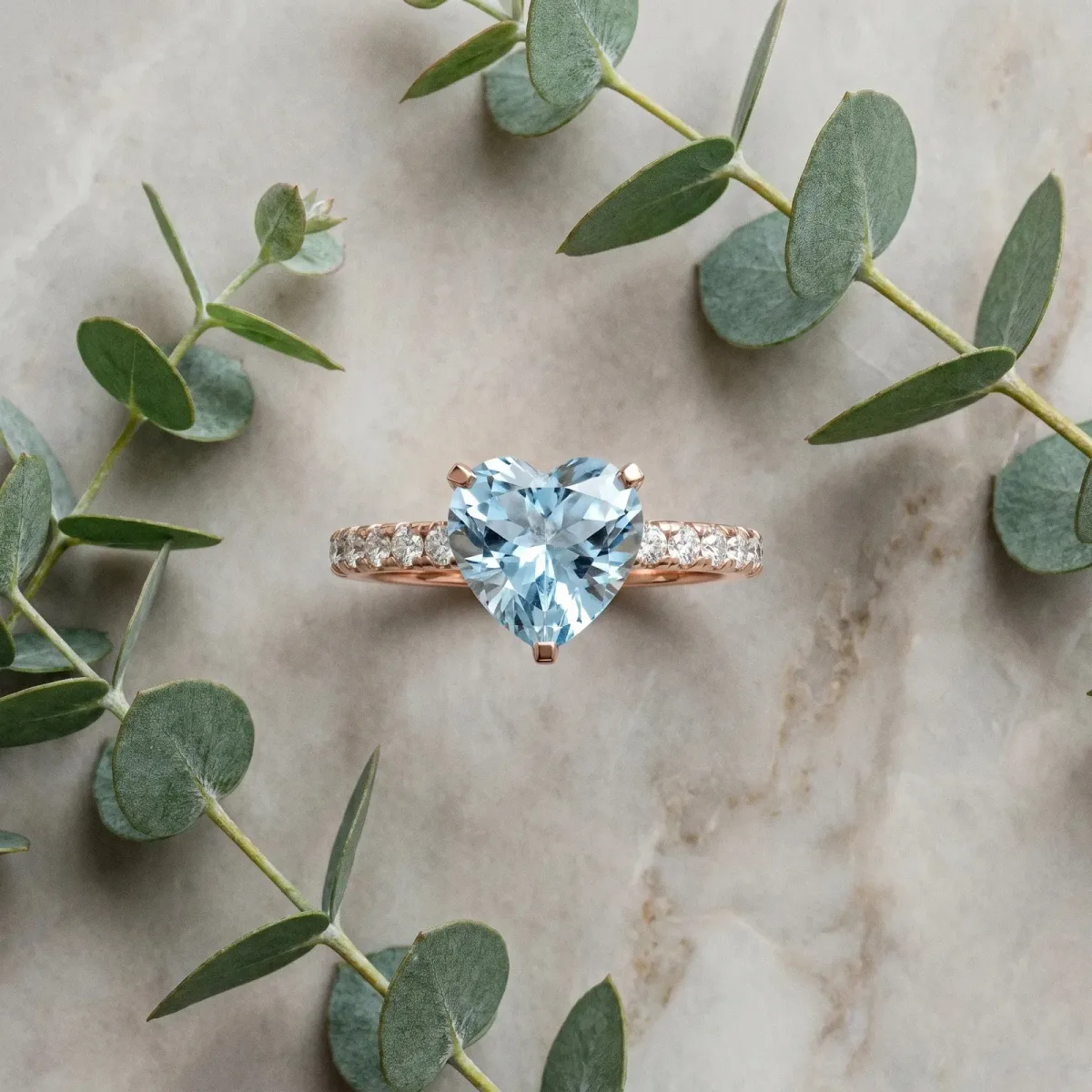 Heart Cut Aquamarine Solitaire Ring with Round Pavé Band and Four-Prong Setting Rose gold