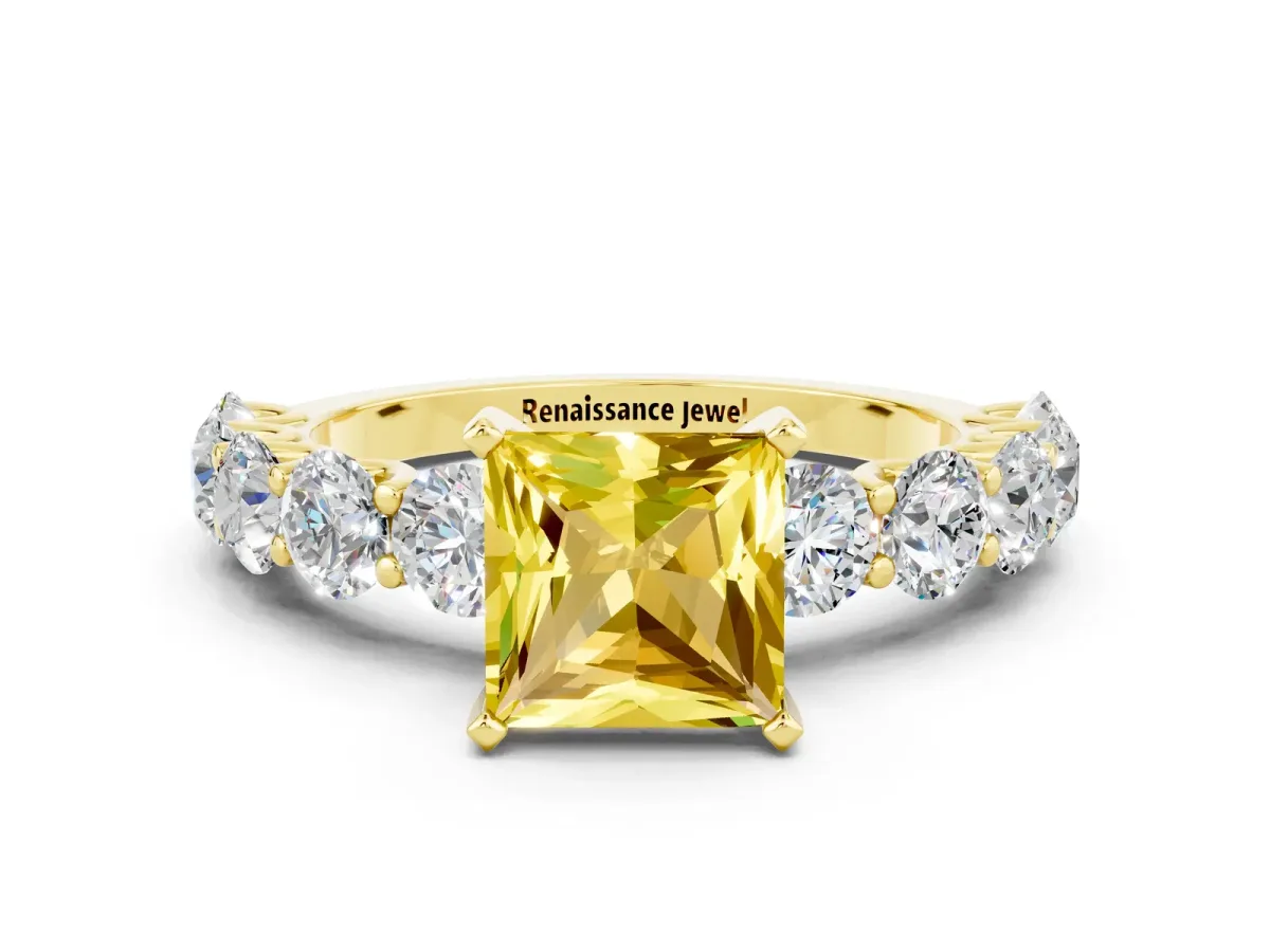 Princess Cut Yellow Sapphire Prong Setting with Side Stones on a Pave Band Yellow gold