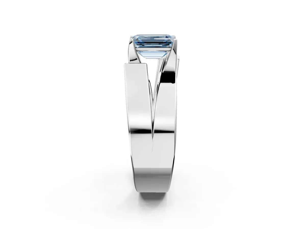 Fancy Blue Modern Tension Set Emerald Cut Diamond Solitaire Wide Band Ring Platinum