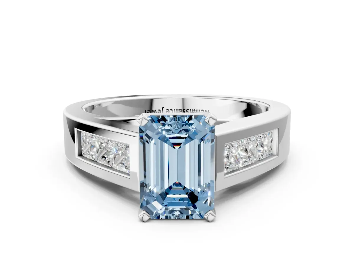 Fancy Blue Emerald Cut Cut Channel Set Solitaire Ring with Four-Prong Setting White gold