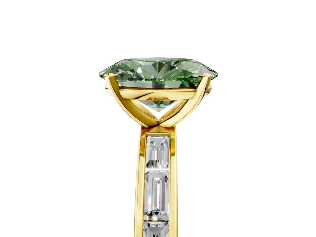 Fancy Green Oval Cut Solitaire Diamond Ring with Channel-Set Baguette Band and Four-Prong Setting Yellow gold