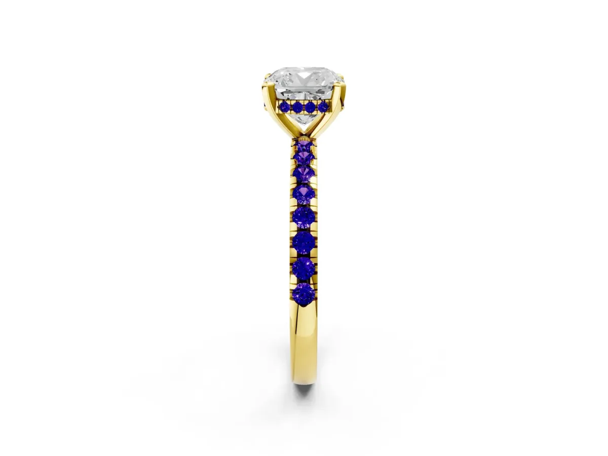 Cushion Cut Diamond Solitaire Ring with Round Tanzanite Pavé Band and Four-Prong Setting Yellow gold