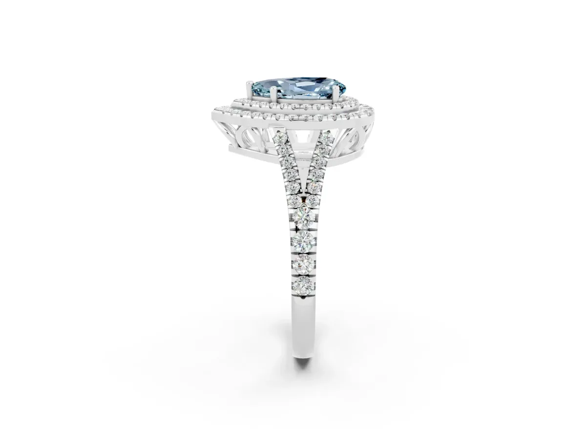 Pear Cut Aquamarine Double Halo Ring with Pavé Band and Prong Setting White gold