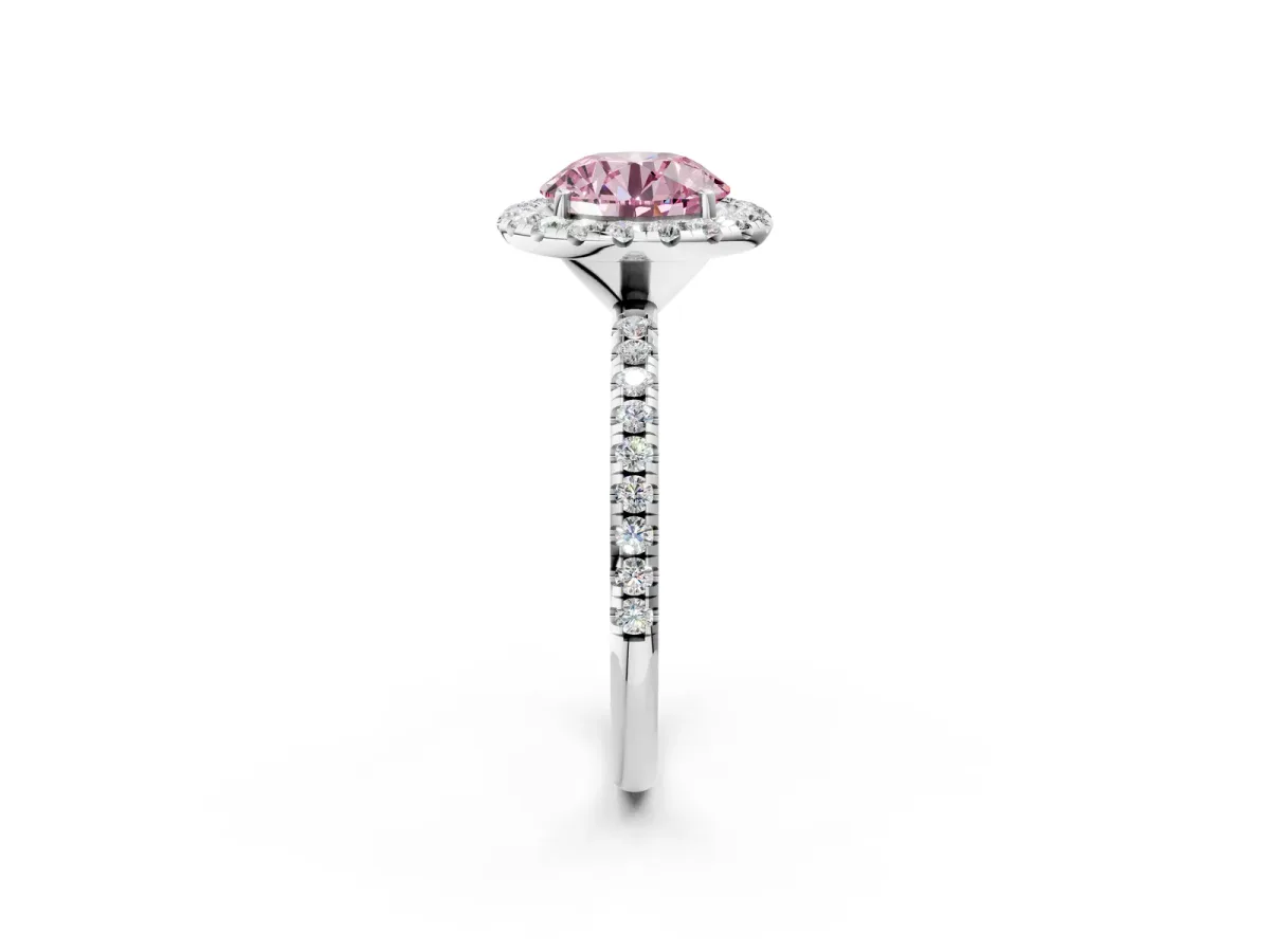 Fancy Pink Round Cut Diamond Halo Ring with Round Pavé Band and Prong Setting Platinum