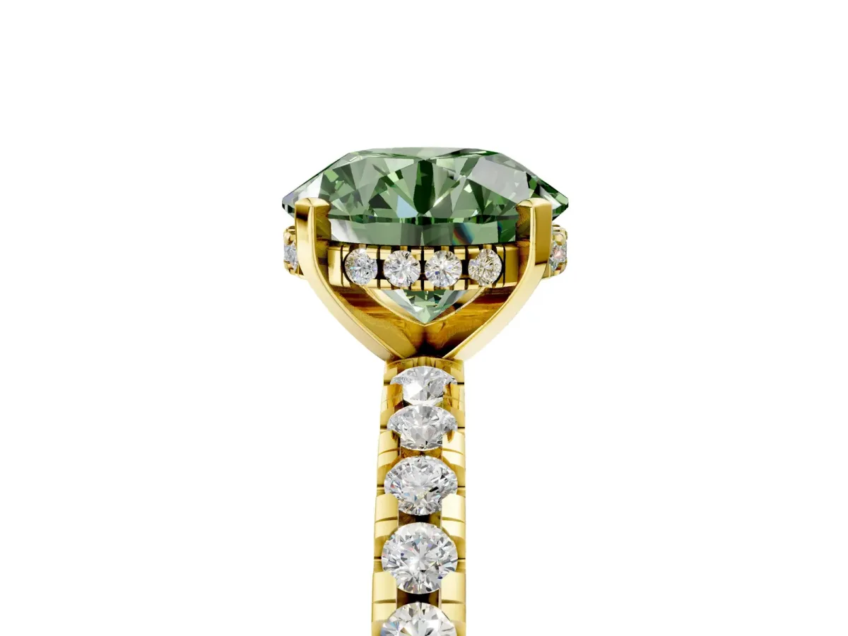 Fancy Green Round Cut Diamond Solitaire Ring with Round Pavé Band and Four-Prong Setting Yellow gold