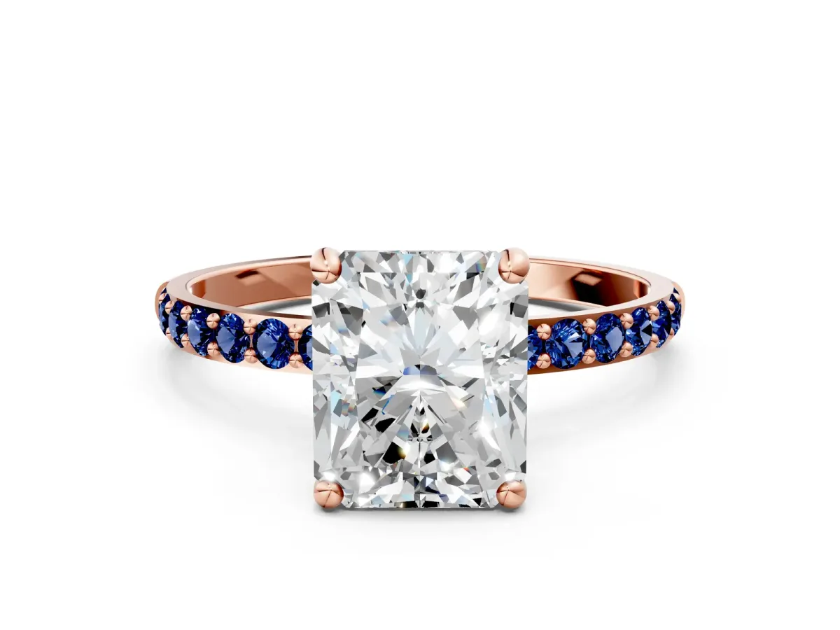 Radiant Cut Diamond Solitaire Ring with Round Blue Sapphire Pavé Band and Prong Setting Rose gold