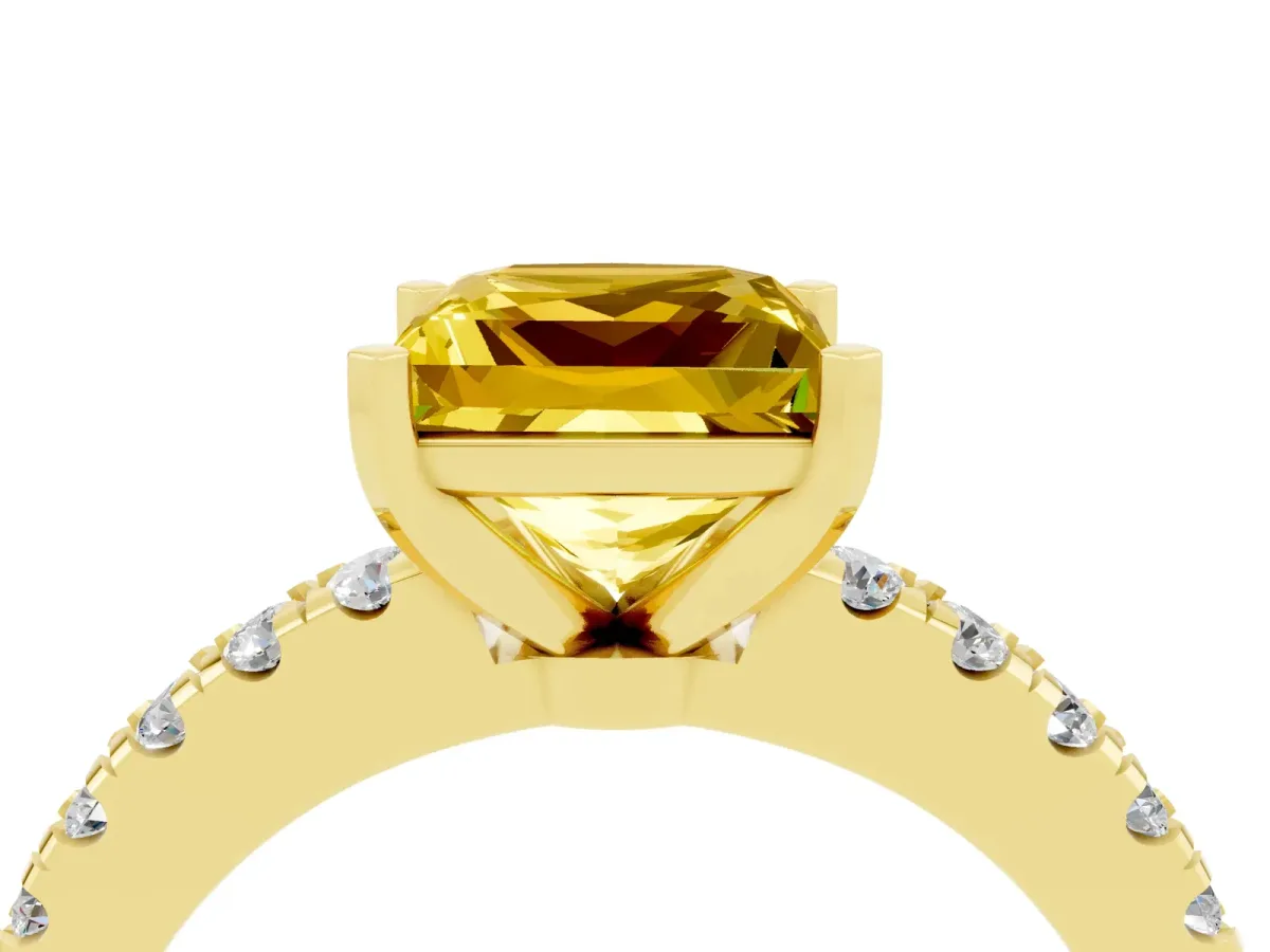 Princess Cut Solitaire Yellow Sapphire with Pavé Band and Four-Prong Setting Yellow gold