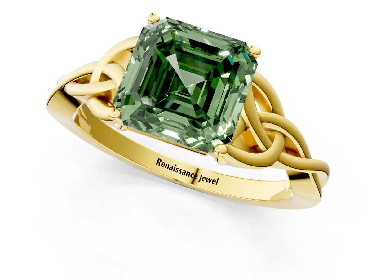 Fancy Green Asscher Cut Diamond Solitaire Engagement Ring with Celtic Knot Band and Four-Prong Setting Yellow gold