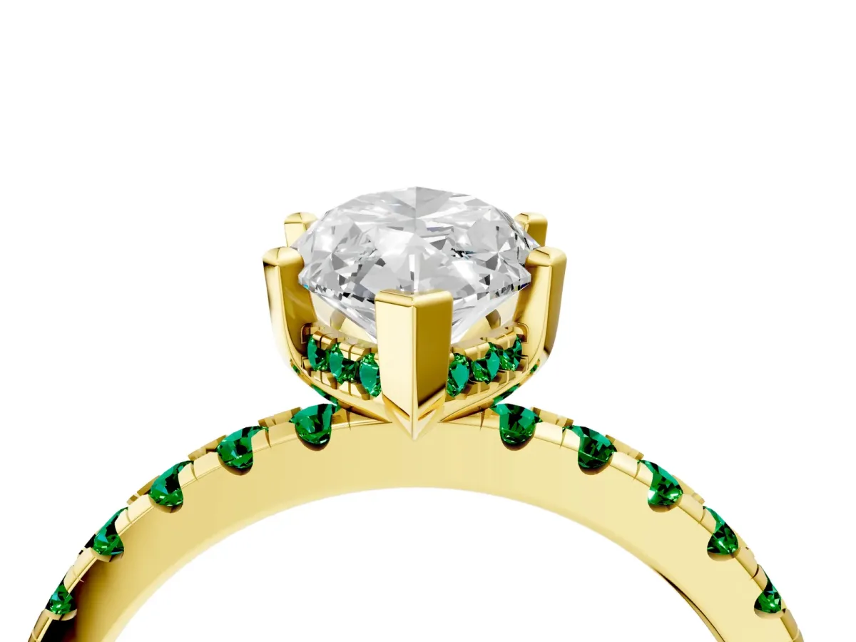 Marquise Cut Diamond Solitaire Ring with Round Emerald Pavé Band and Four-Prong Setting Yellow gold