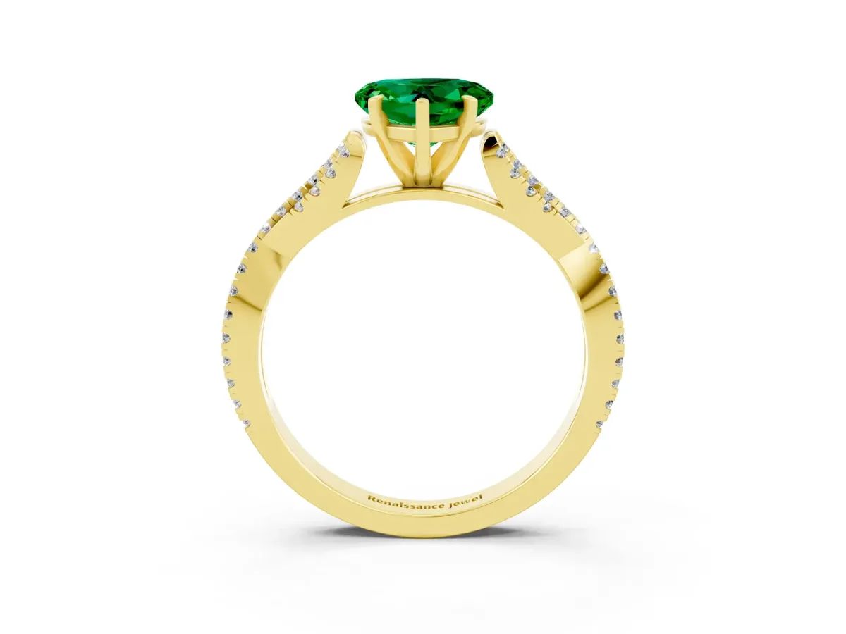 Heart Cut Emerald Solitaire Engagement Ring with Twisted Pavé Band and Four-Prong Setting Yellow gold