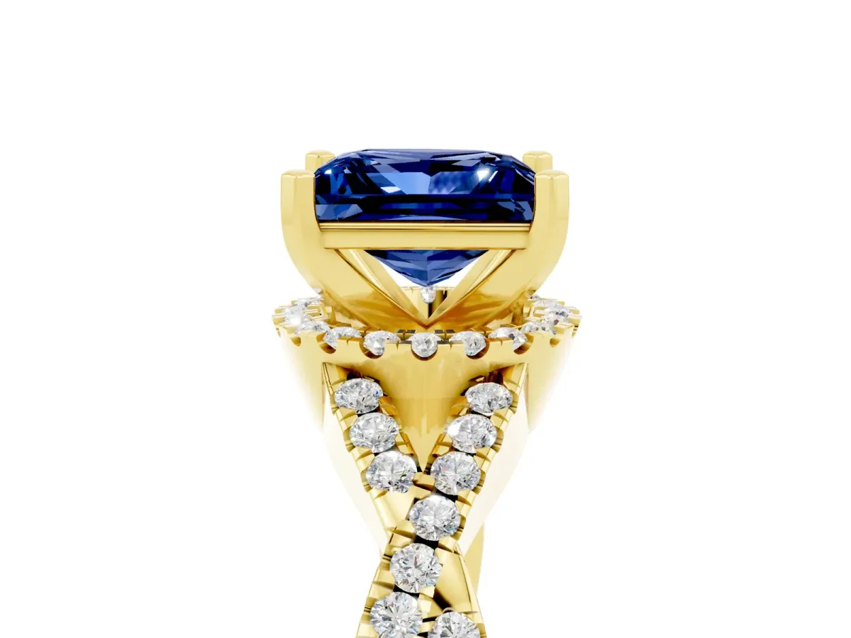 Princess Cut Blue Sapphire Halo Twist Band Solitaire Prong Setting Ring Yellow gold