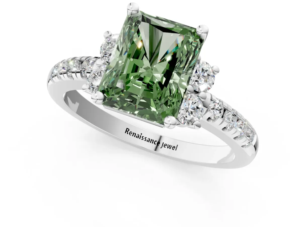 Fancy Green Radiant Cut Diamond Three-Stone Pave Band with Four-Prong Setting Platinum
