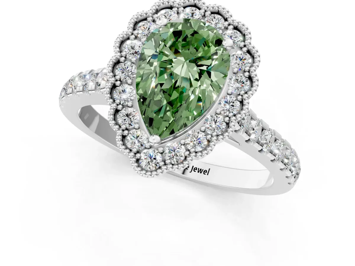 Fancy Green Pear Cut Cut Diamond Milgrain Floral Halo Engagement Ring with Pavé Band Silver