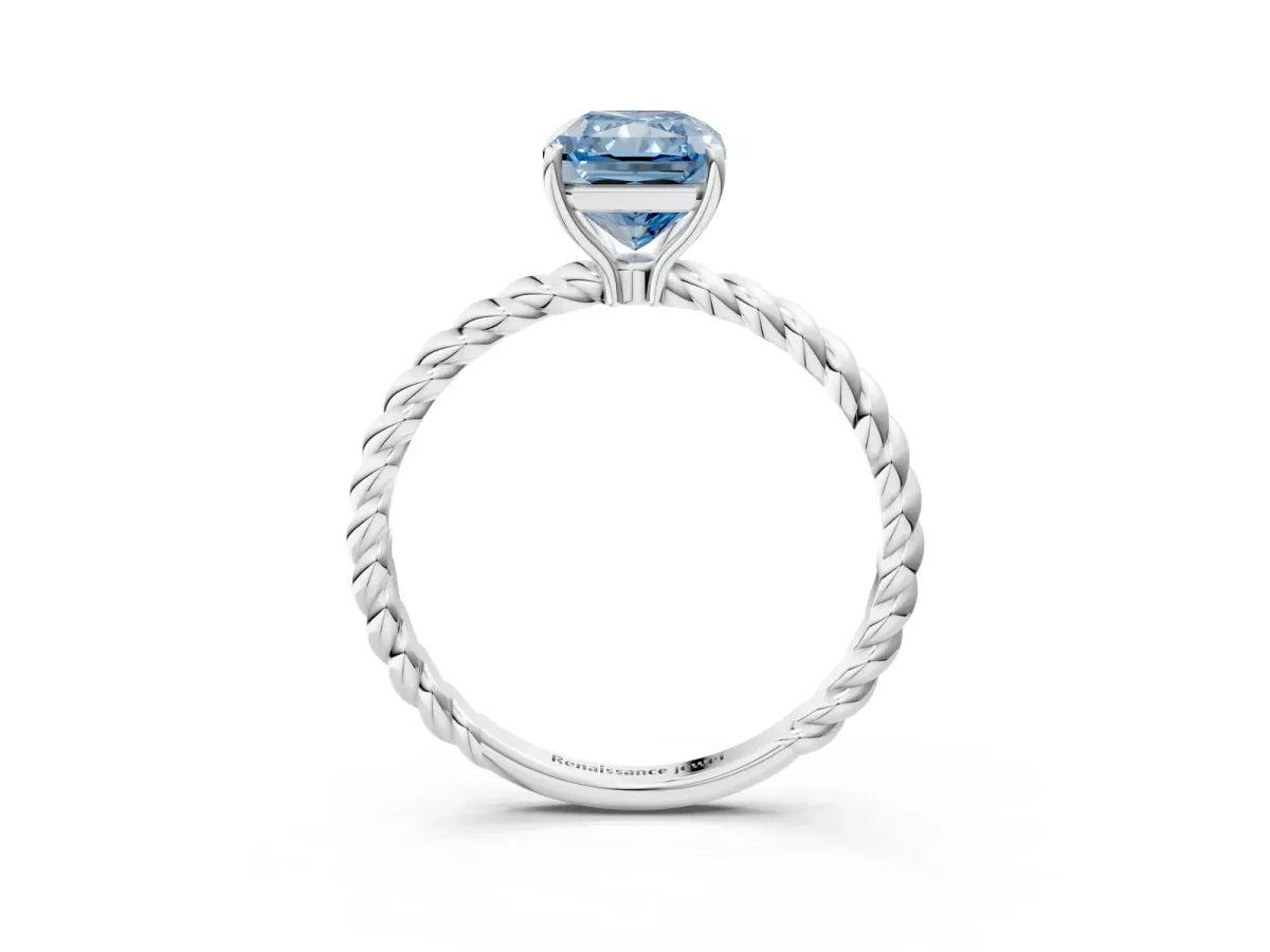 Fancy Blue Radiant Cut Solitaire Twisted Band 4-Prong Ring Platinum