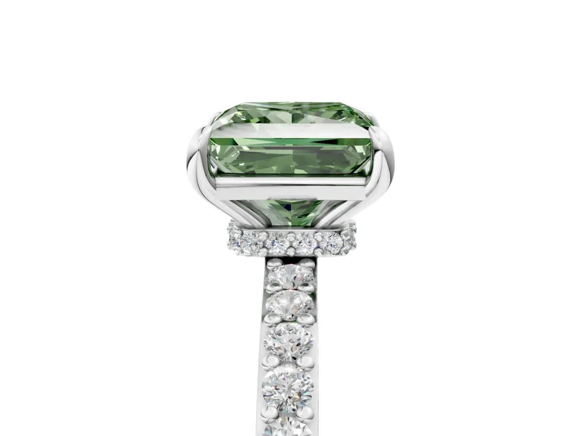 Fancy Green Princess Cut Diamond Solitaire Engagement Ring with Pavé Band and Four-Prong Setting White gold