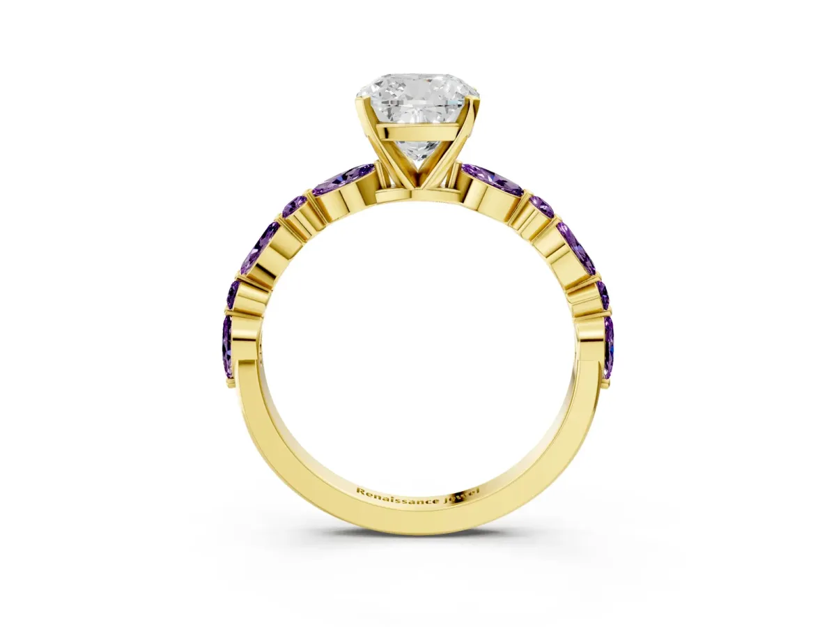 Cushion Cut Diamond Ring with Marquise and Round Amethyst Side Stones and Four-Prong Setting Yellow gold