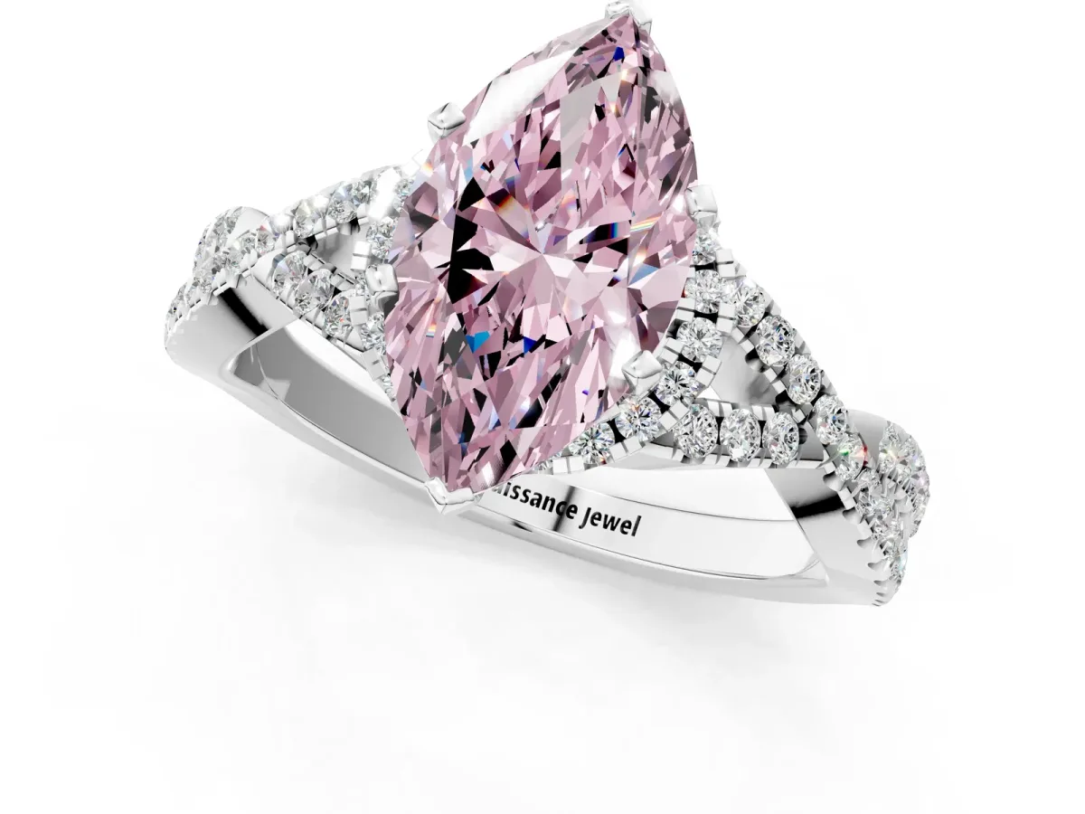 Fancy Pink Marquise Cut Diamond Halo Twist Band Solitaire Prong Setting Ring White gold