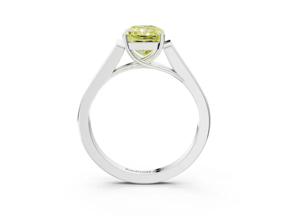 Fancy Yellow Radiant Cut Solitaire Cathedral Diamond Engagement Ring with Channel-Set Band and Four-Prong Setting Platinum