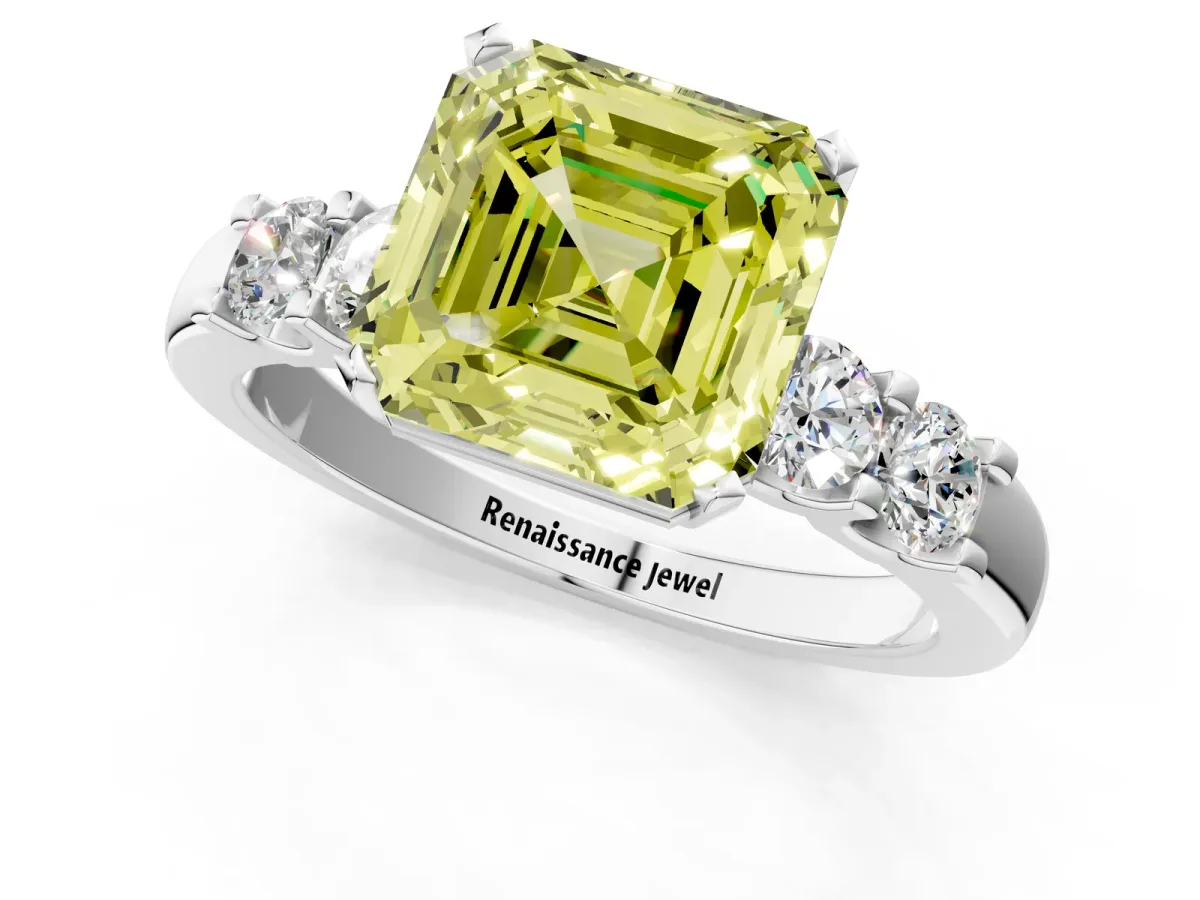Fancy Yellow Asscher Cut Brilliant Cut Diamond Five-Stone Prong Set Engagement Ring with Channel Band Platinum