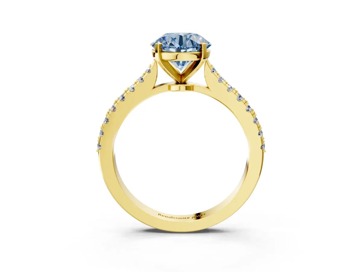 Fancy Blue Asscher Cut Cut Solitaire Diamond Engagement Ring with Pave Band and Four-Prong Setting Yellow gold