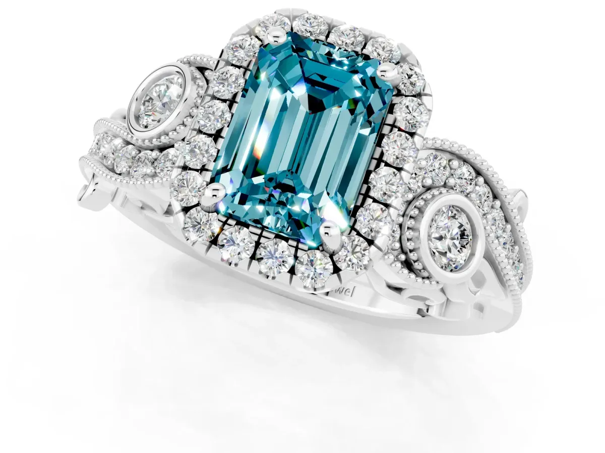 Emerald Cut Blue Topaz Halo Ring with Milgrain Pavé Band and Four-Prong Setting White gold