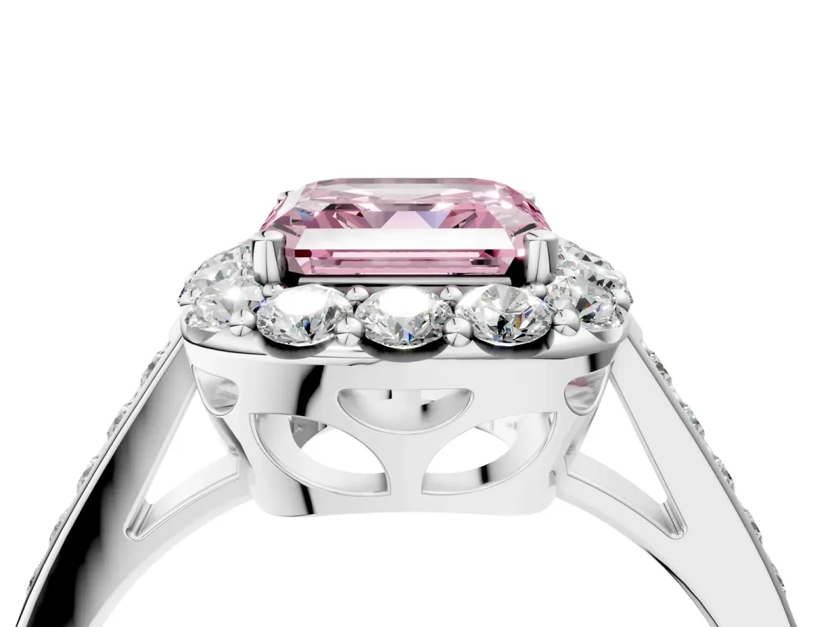 Fancy Pink Asscher Cut Diamond Floral Halo Ring with Pavé Band and Prong Setting Platinum