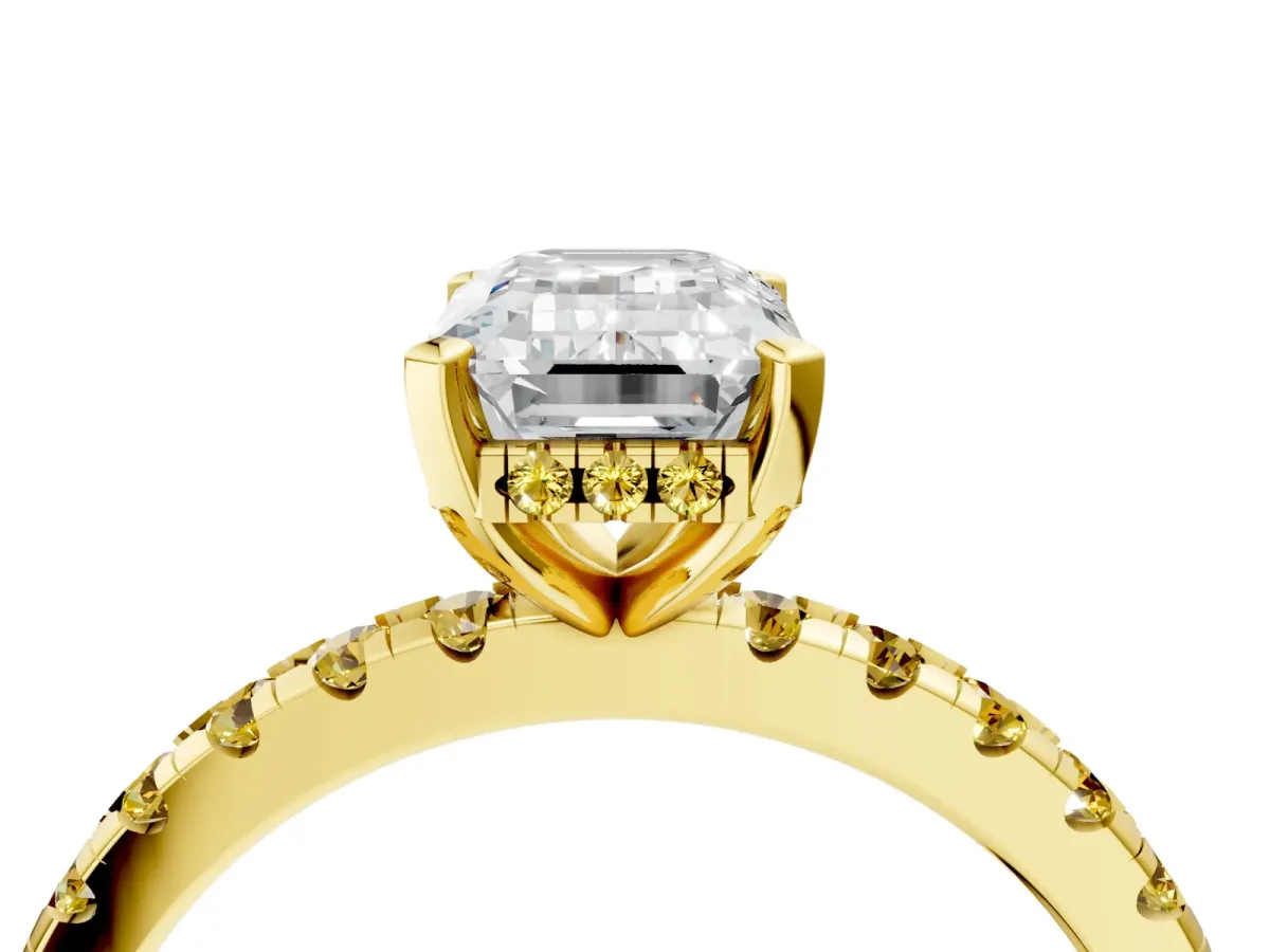 Emerald Cut Diamond Solitaire Ring with Round Yellow Sapphire Pavé Band and Four-Prong Setting Yellow gold