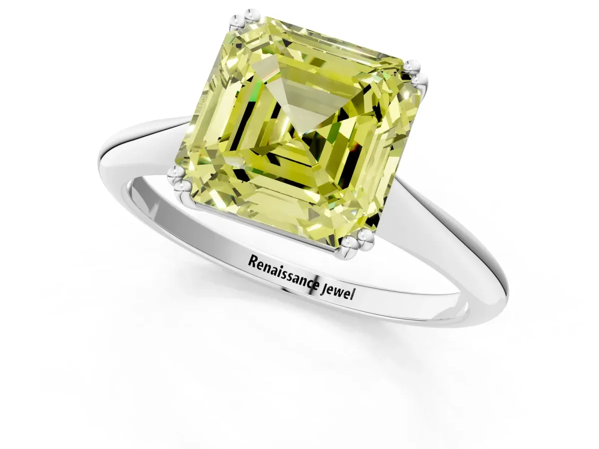 Fancy Yellow Asscher Cut Solitaire Diamond Ring with Six-Prong Setting and Classic Band Platinum