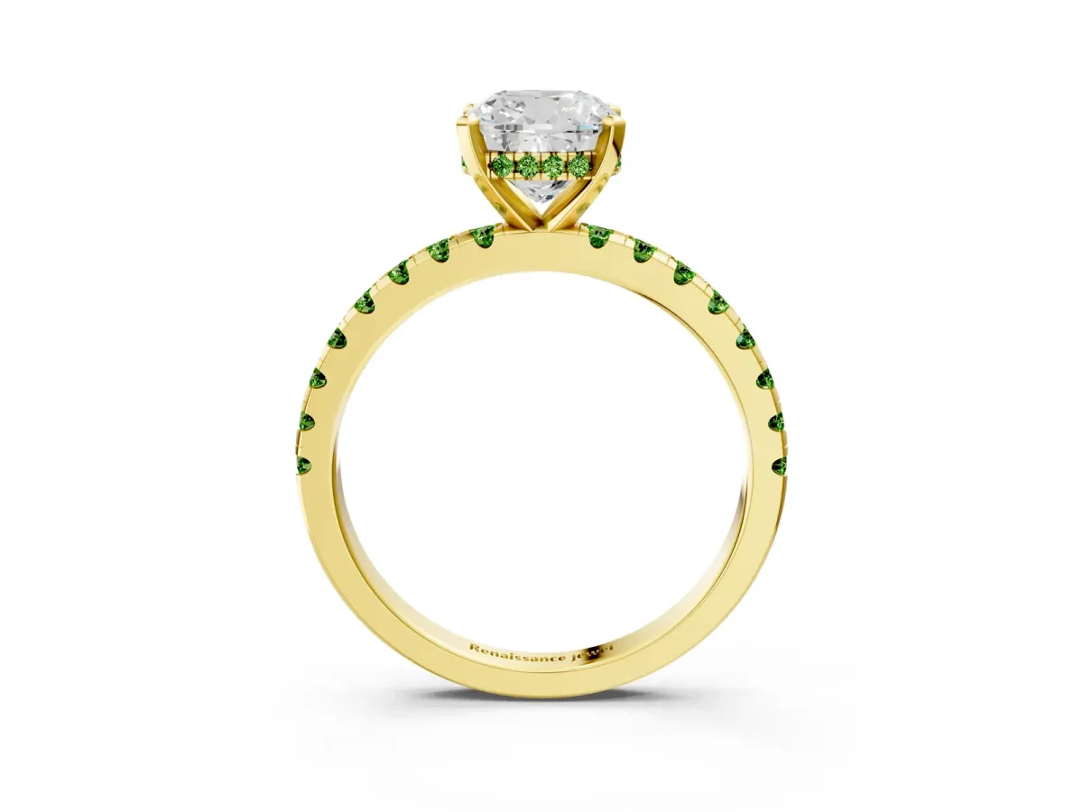 Cushion Cut Diamond Solitaire Ring with Round Peridot Pavé Band and Four-Prong Setting Yellow gold