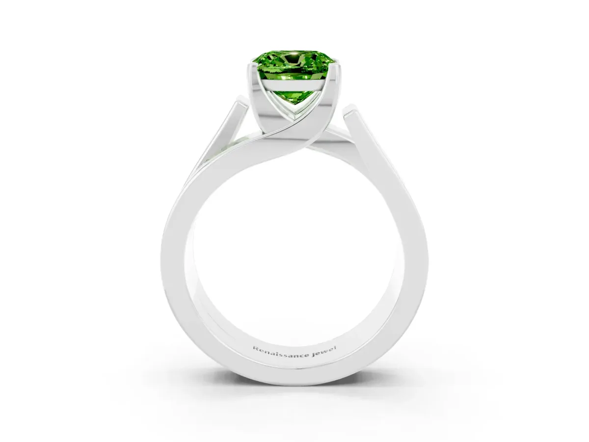 Modern Tension Set Cushion Cut Peridot Solitaire Wide Band Ring Platinum
