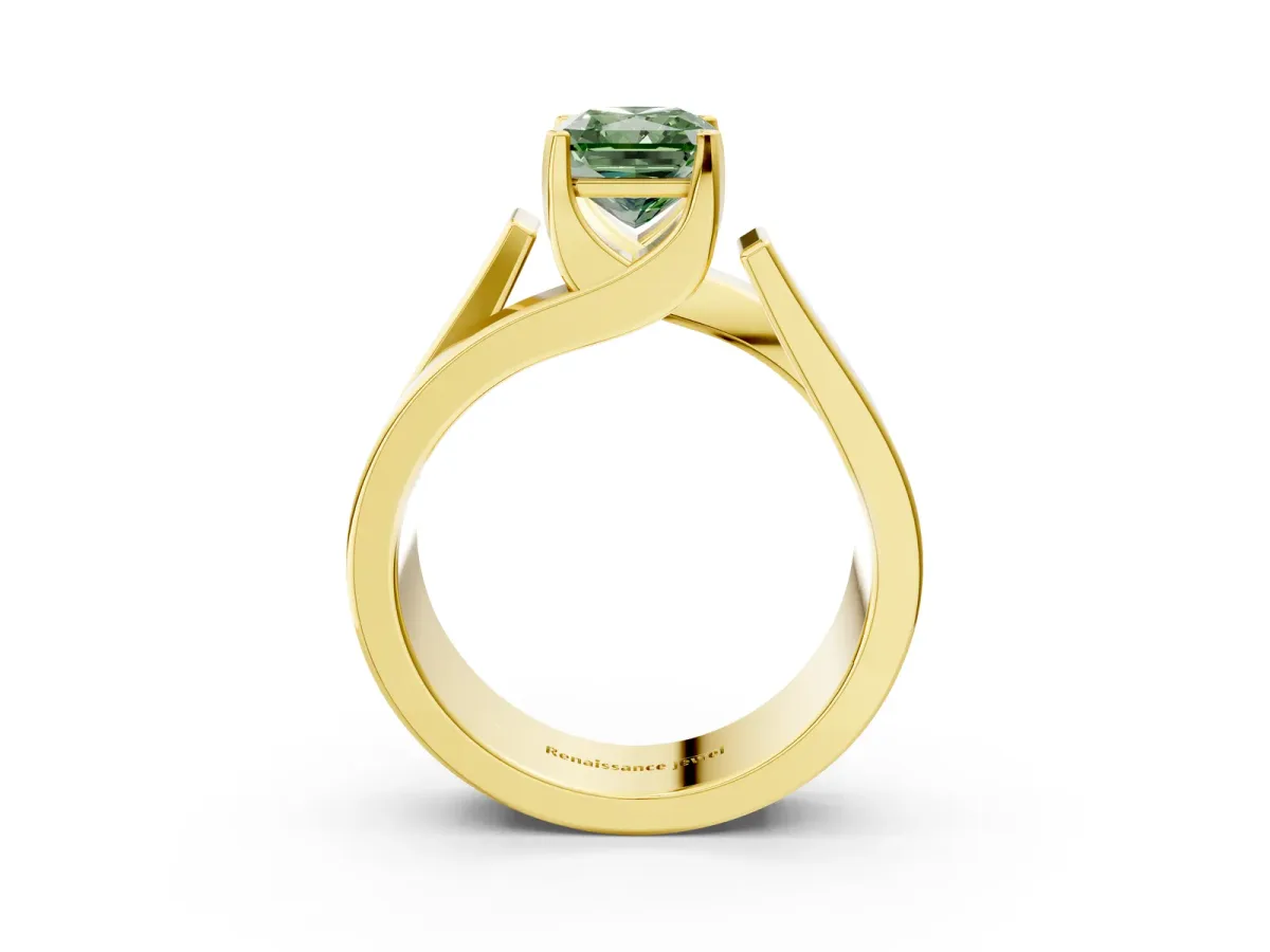 Fancy Green Modern Tension Set Radiant Cut Diamond Solitaire Wide Band Ring Yellow gold