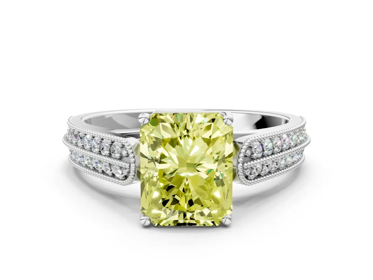 Fancy Yellow Radiant Cut Cut Pave Split Shank Engagement Ring with Four-Prong Setting Platinum