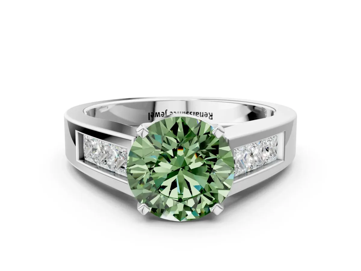Fancy Green Round Cut Cut Channel Set Solitaire Ring with Four-Prong Setting White gold