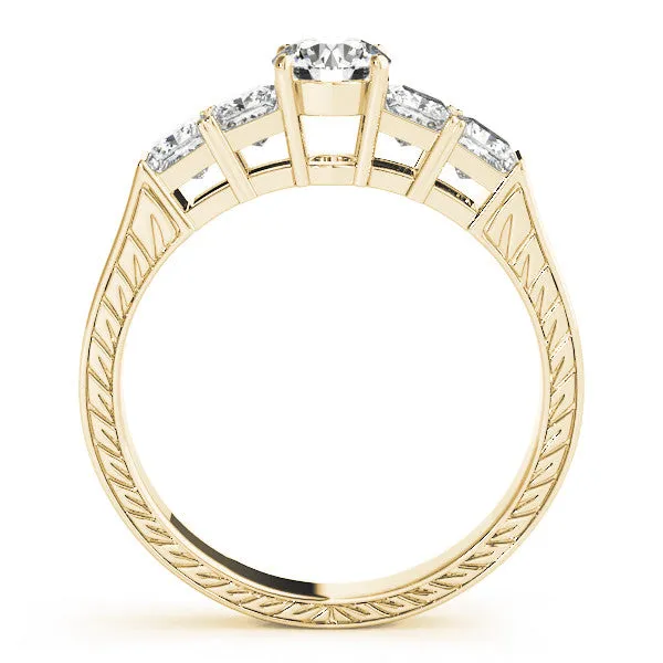 Emerald Cut Solitaire Princess Side Stone Engraved Band Prong Setting Ring Yellow gold