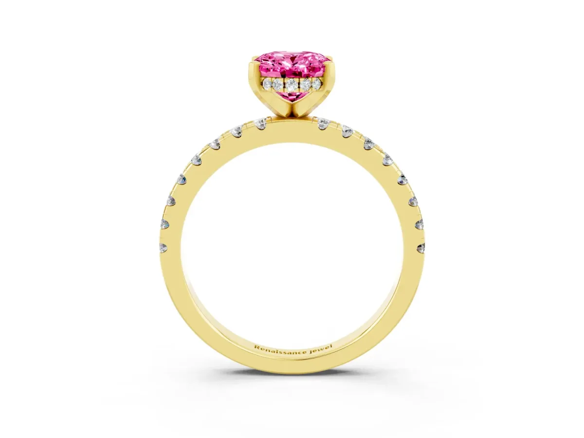Oval Cut Pink Sapphire Solitaire Ring with Round Pavé Band and Four-Prong Setting Yellow gold